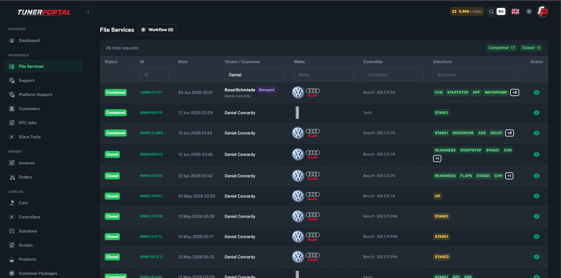 TunerPortal admin dashboard showing live file service requests, statuses, and workflow